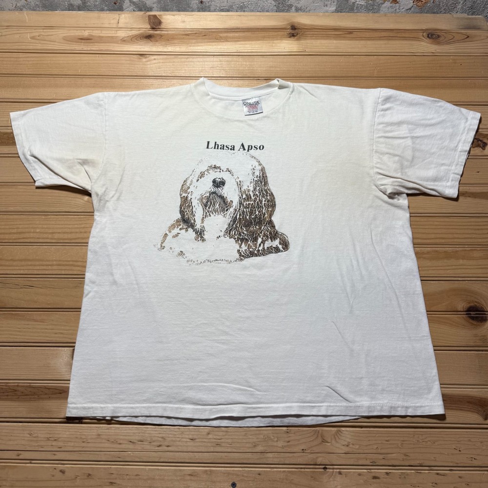 Vintage 90s Lhasa Apso Dog Single Stitch Graphic Shirt USA Made Size XL - Stain