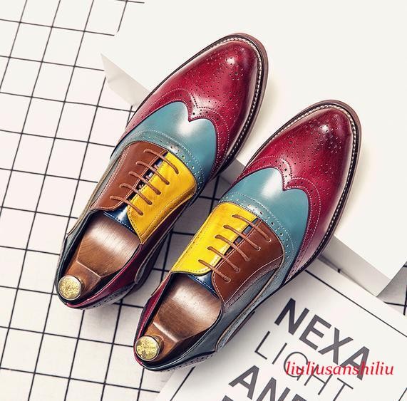 Men's Brogue Faux Leather Shoes Lace Up Wing Tip Business Color Blocks Patchwork