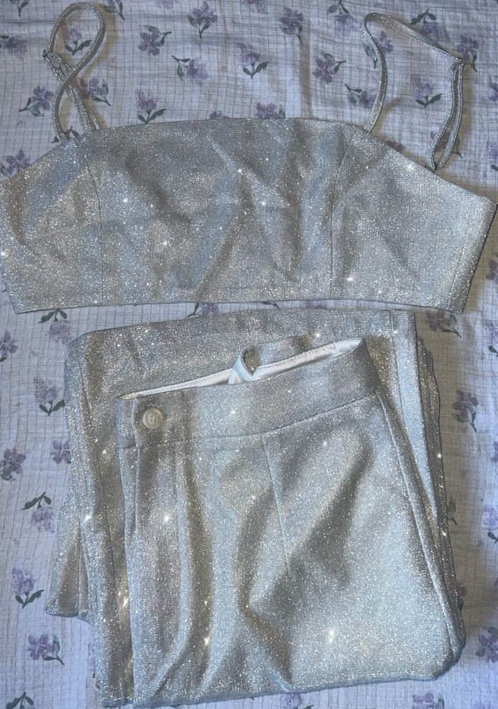 Women’s Silver Glitter 2-Piece Outfit Set Cropped Top & Pants Size S