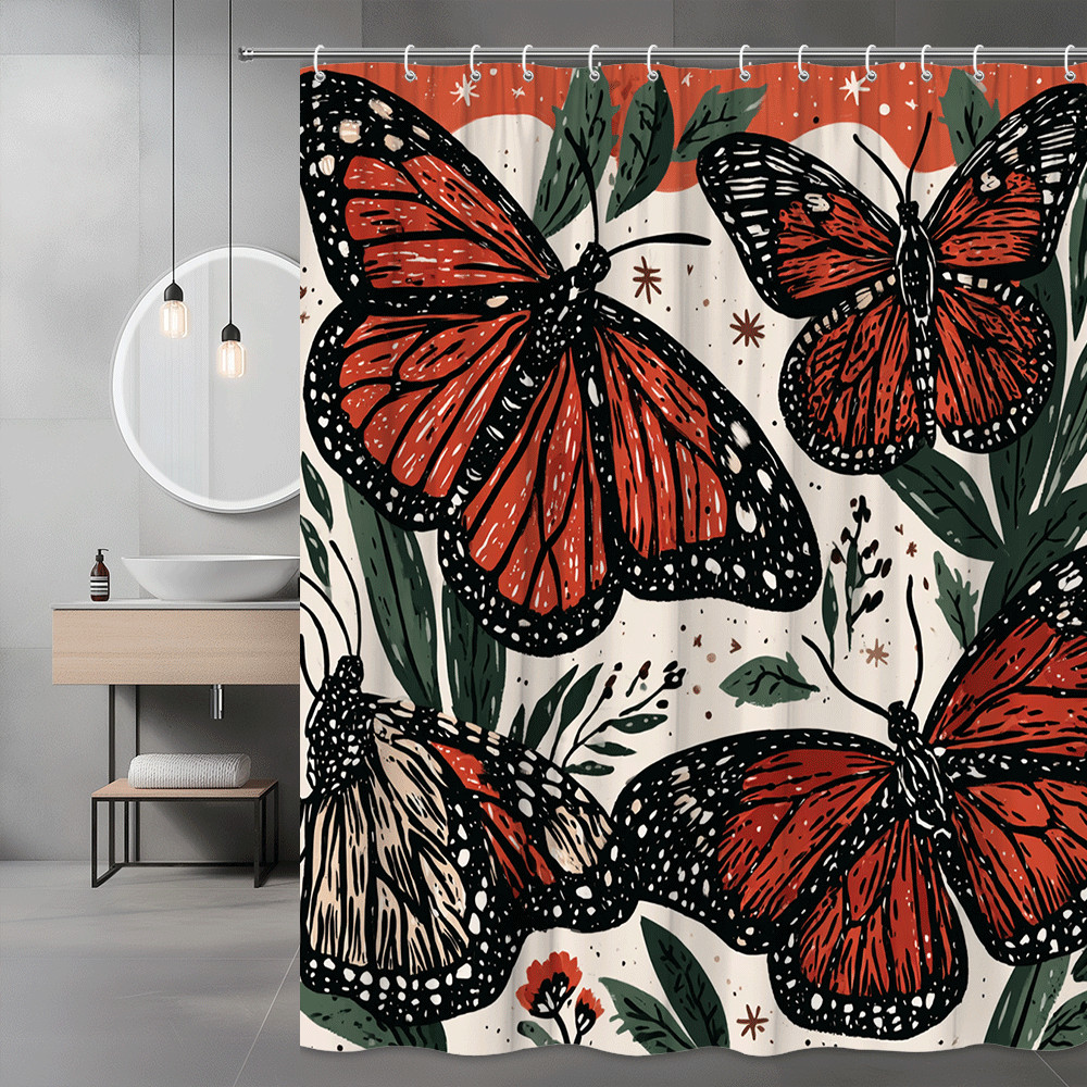 Butterfly Floral Shower Curtain Red Black Leaf Print