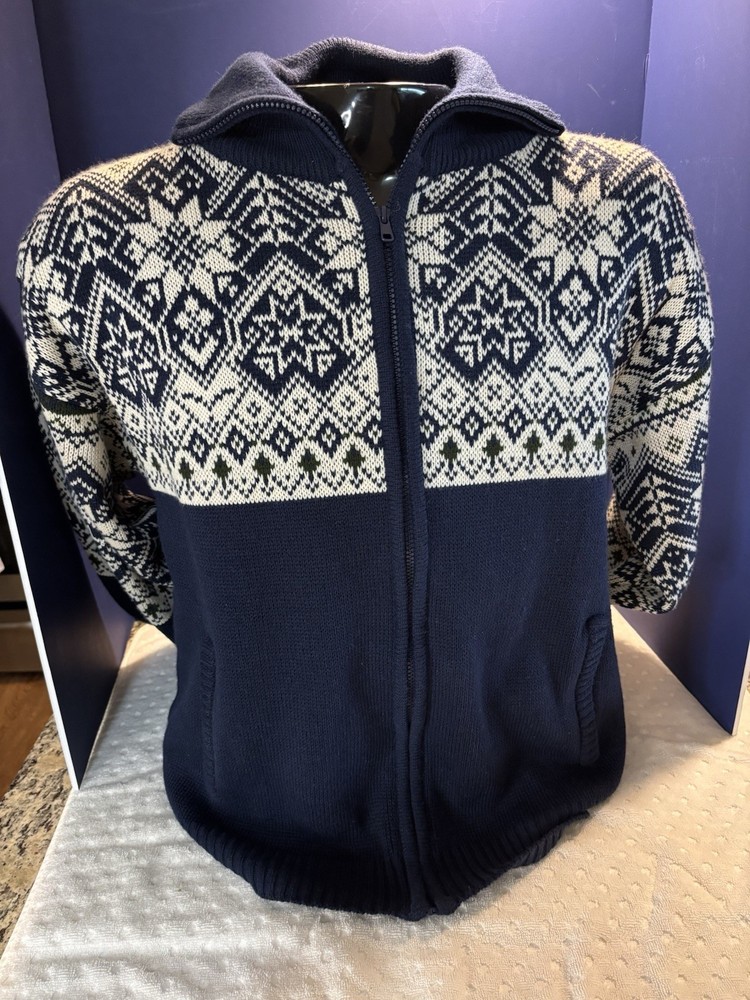 Vintage Mens Cardigan Sweater Blue White Nordic Haband Full Zip Size Med NICE!