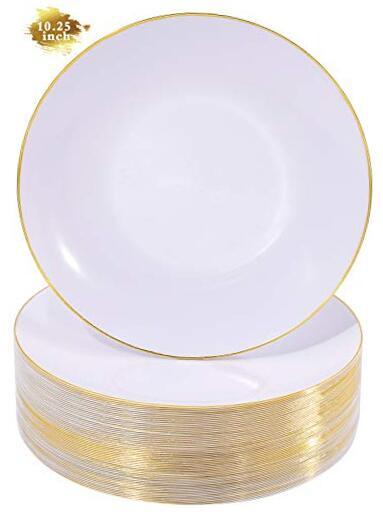 100 Gold Plastic Dinner Plates 10.25inch Size for Elegant Dining