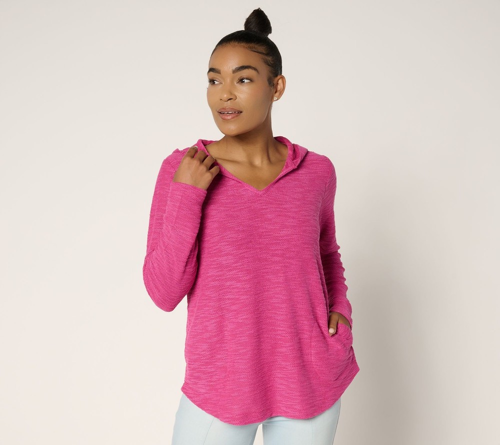 Belle by Kim Gravel Women's Top Sz S Sweatshirt Slub V-Neck Hooded Pink A719133