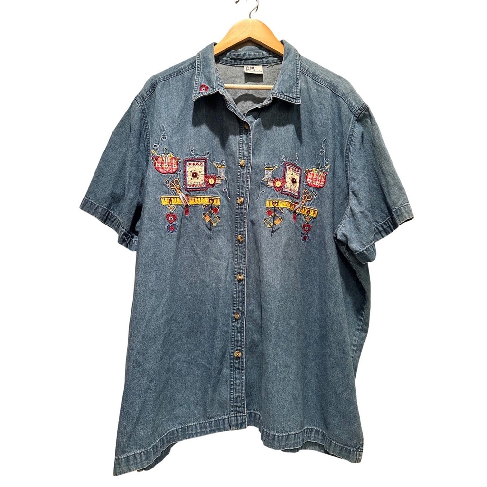 Bobbie Brooks Vintage Denim Shirt Embroidered Sewing Cottagecore Plus Size