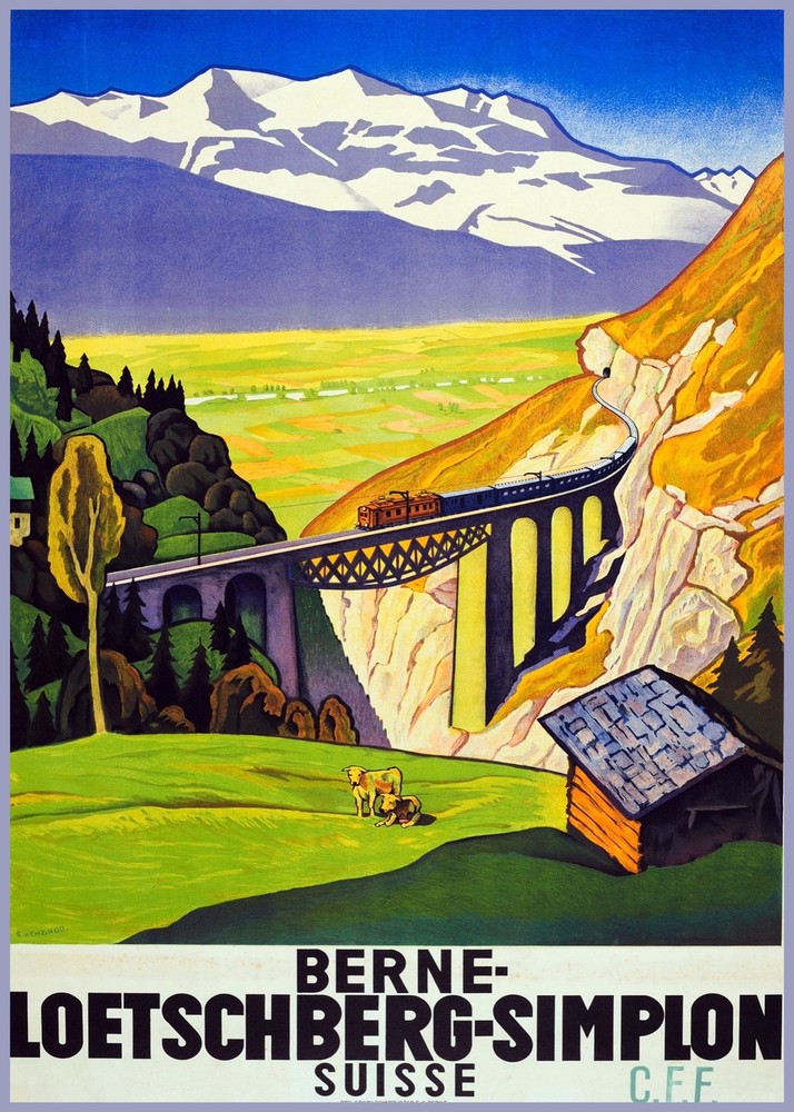 Decor POSTER.Home room bedroom.Interior design.L_tschberg train.Railroad.7066