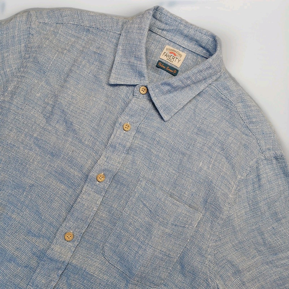 Faherty Palma Linen Shirt Mens Medium Button Up Short Sleeve Blue Woven Pocket