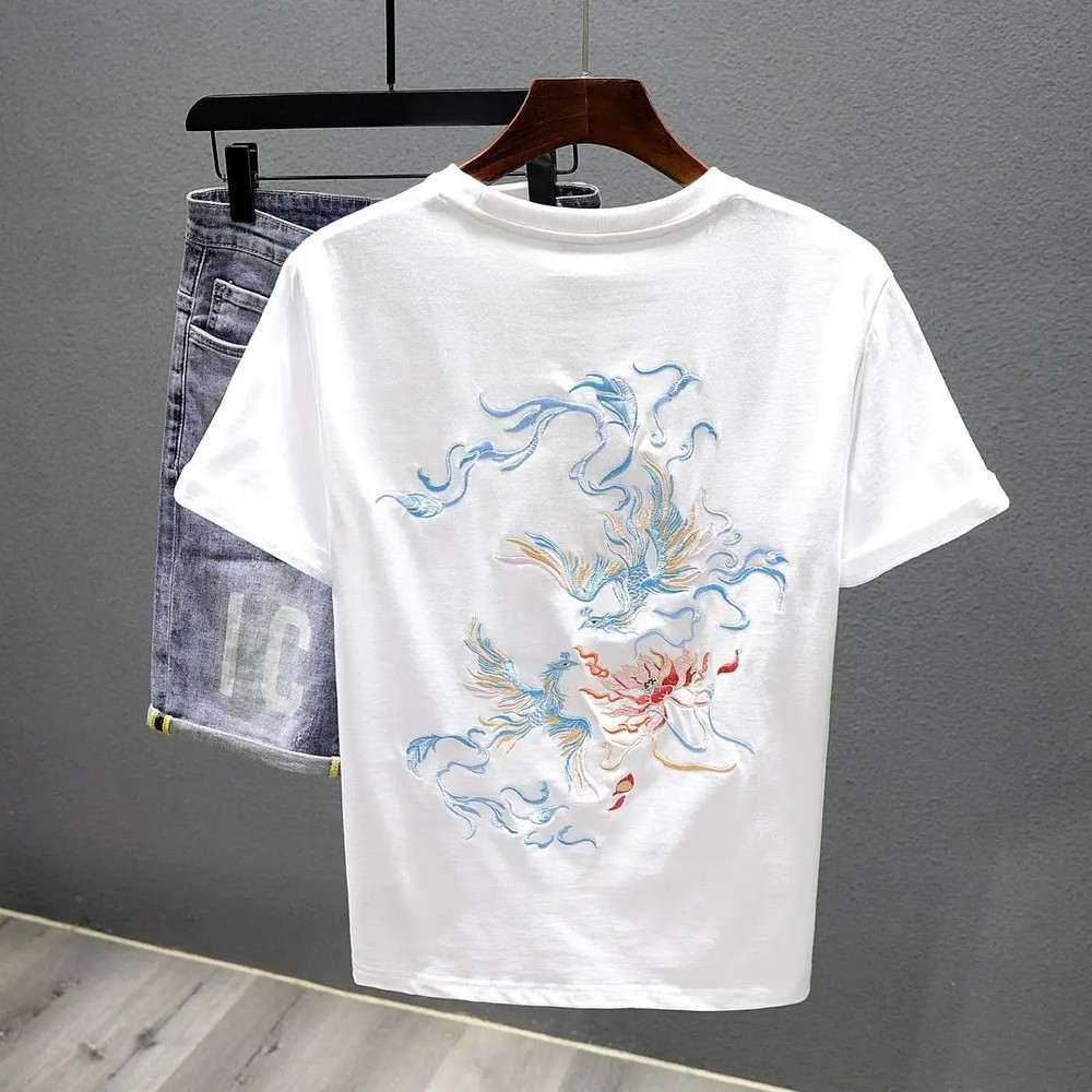 Men Embroidery Phoenix Lotus T-Shirt Casual Short Sleeve Crew Neck Summer Tee