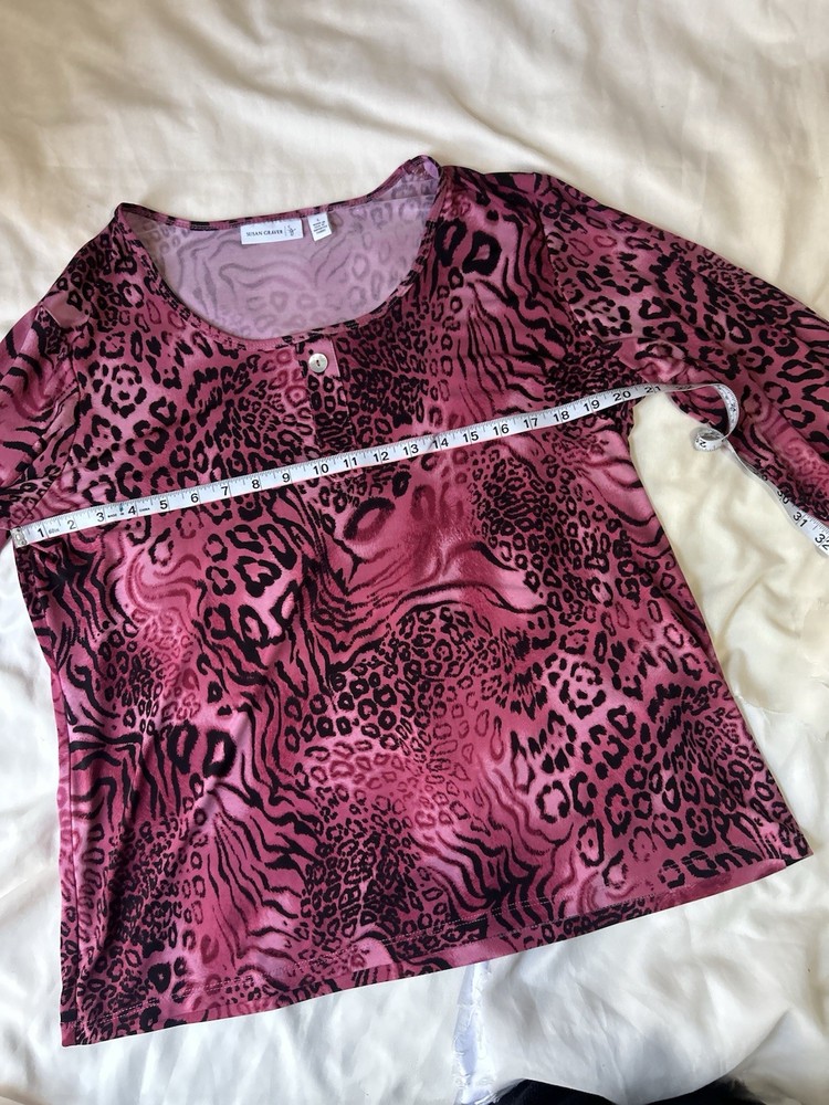Susan Graver Womens Hot Pink Animal Print Y2K Large Opalescent Button 3/4 sleeve