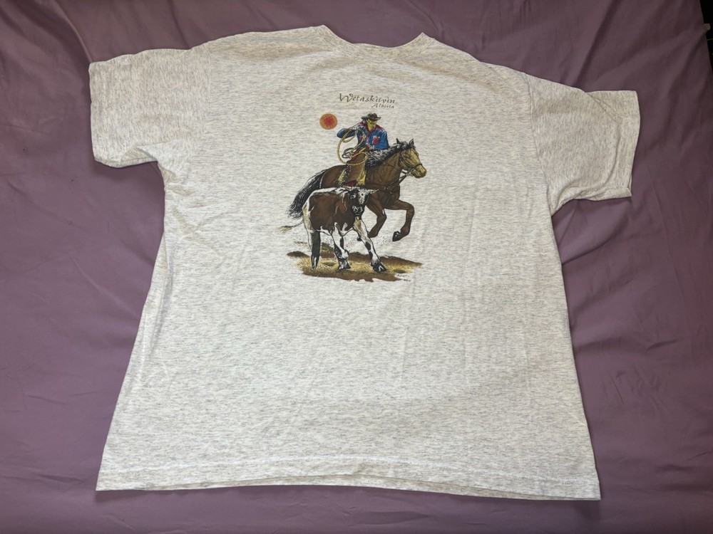 Vintage Horse Riding Rodeo Shirt Mens XL Heather Gray Wetaskawin Alberta Cowboy