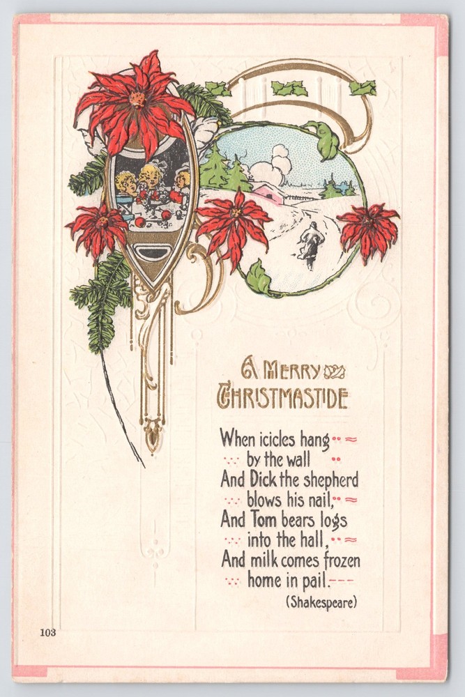 Holiday~Poinsettias Biker On Road & Christmastide Poem~Vintage Postcard