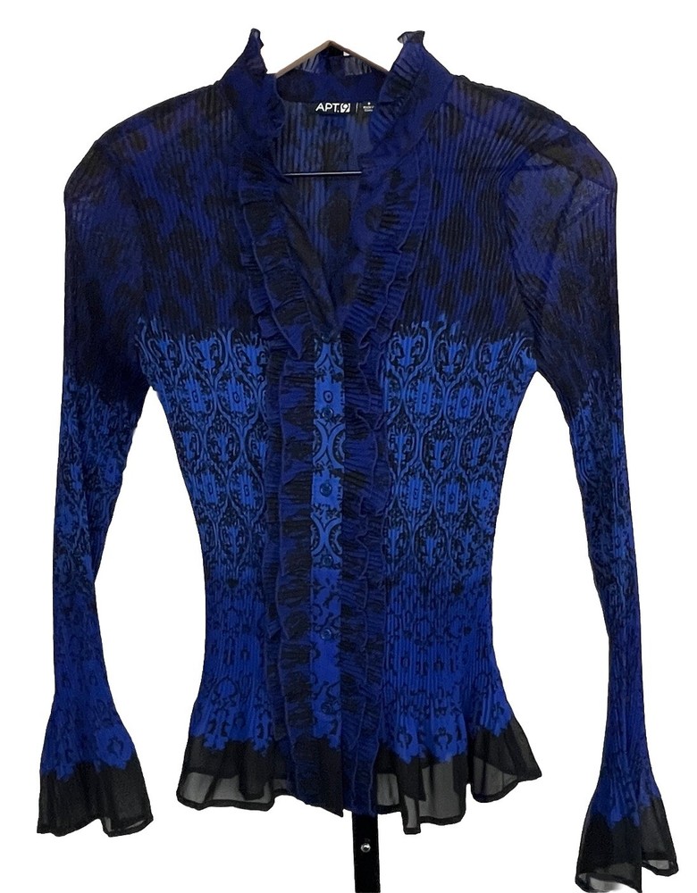 Apt 9 Blouse Crinkle Ruffle Bell Sleeve Blue Black Dark Romance Goth Y2K Small