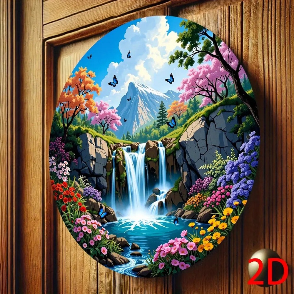 Round Waterfall Mountain River Floral Landscape Metal Wall Art 2D Flat