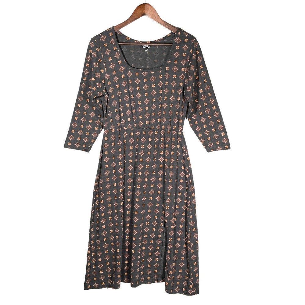 Known Supply Organic Cotton Black Printed Midi Dress Size M Square Neck Soft