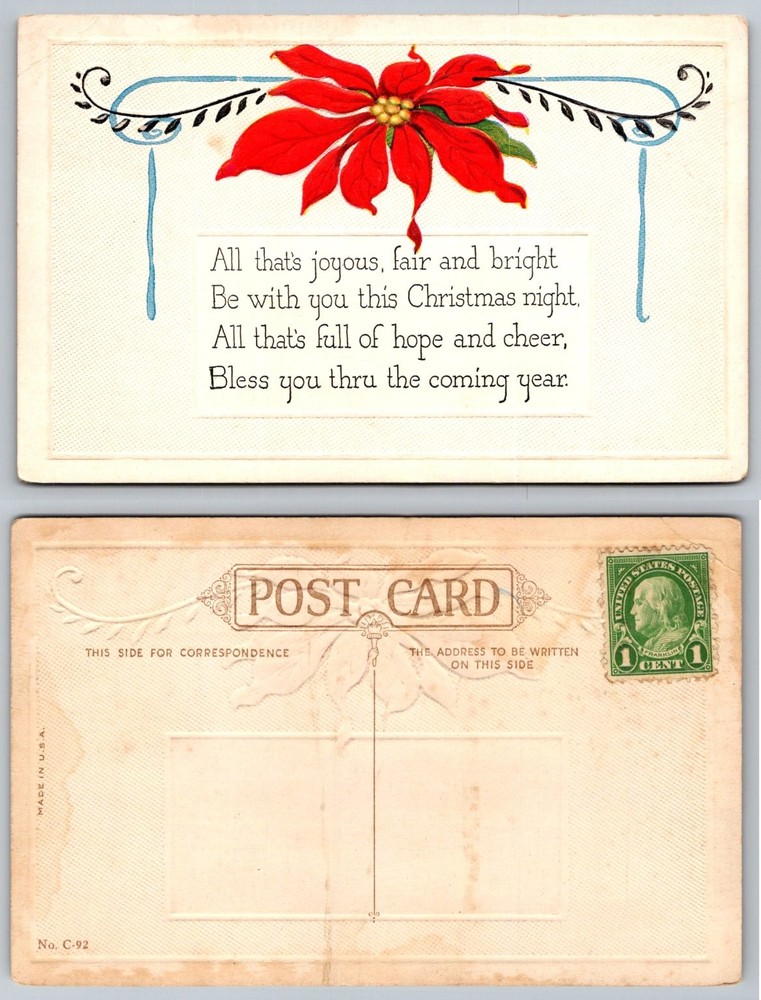Vintage Christmas Poinsettia Postcard 1 Cent Franklin Stamp Unposted