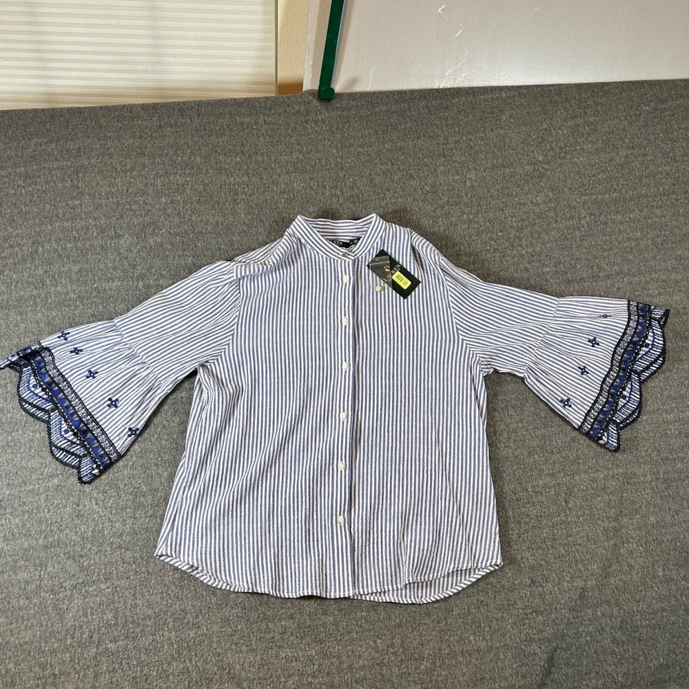 Lauren Ralph Lauren Striped Bell Sleeve Shirt Womens XL Blue Button Up Top NWT
