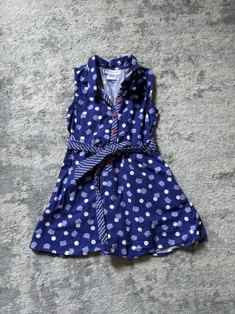 American Girl Size 8 Girls Sleeveless Dress Blue White Cats Red Buttons Pockets