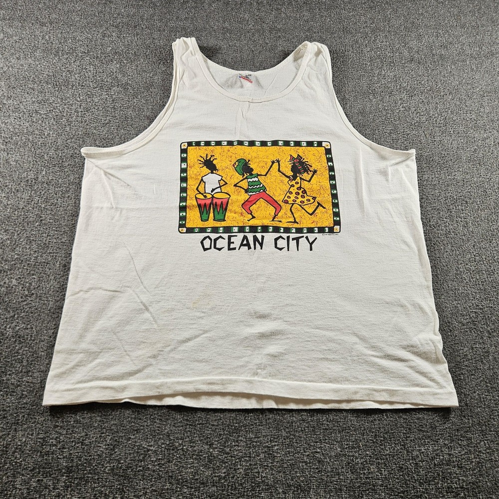 Vintage Fruit Of The Loom Shirt Mens XL White Ocean City Graphic Tank Top