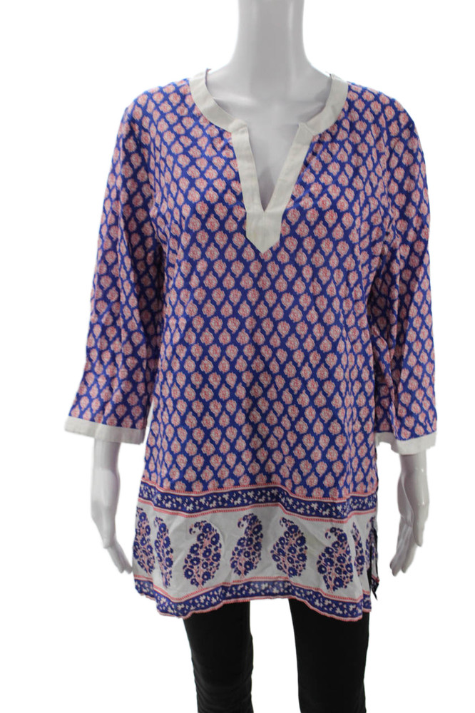 J Crew Women Bohemian Paisley V-Neck Tunic Blouse Blue 3/4 Sleeve Cotton Size LFree Shipping in US $100+ Orders | $6.95 Orders Below