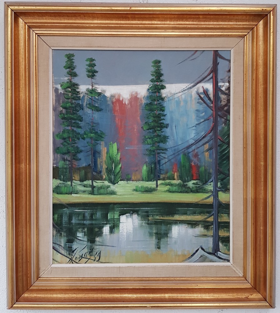 Beautiful Oil Painting Artwork With Frame Landscape Forest Lake 1959 Year