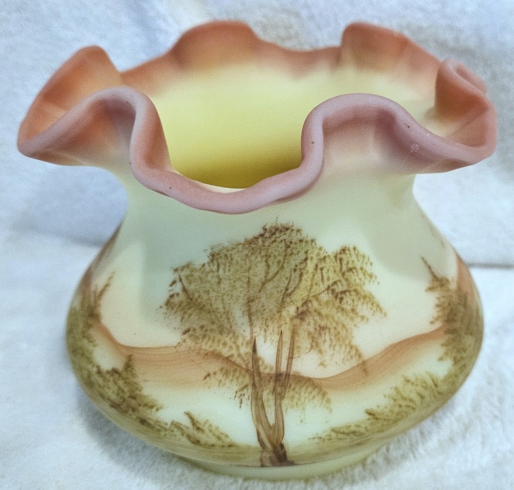 Fenton Burmese Uranium Ruffled Edge Vase/Bowl Lovely Hand Painted Trees