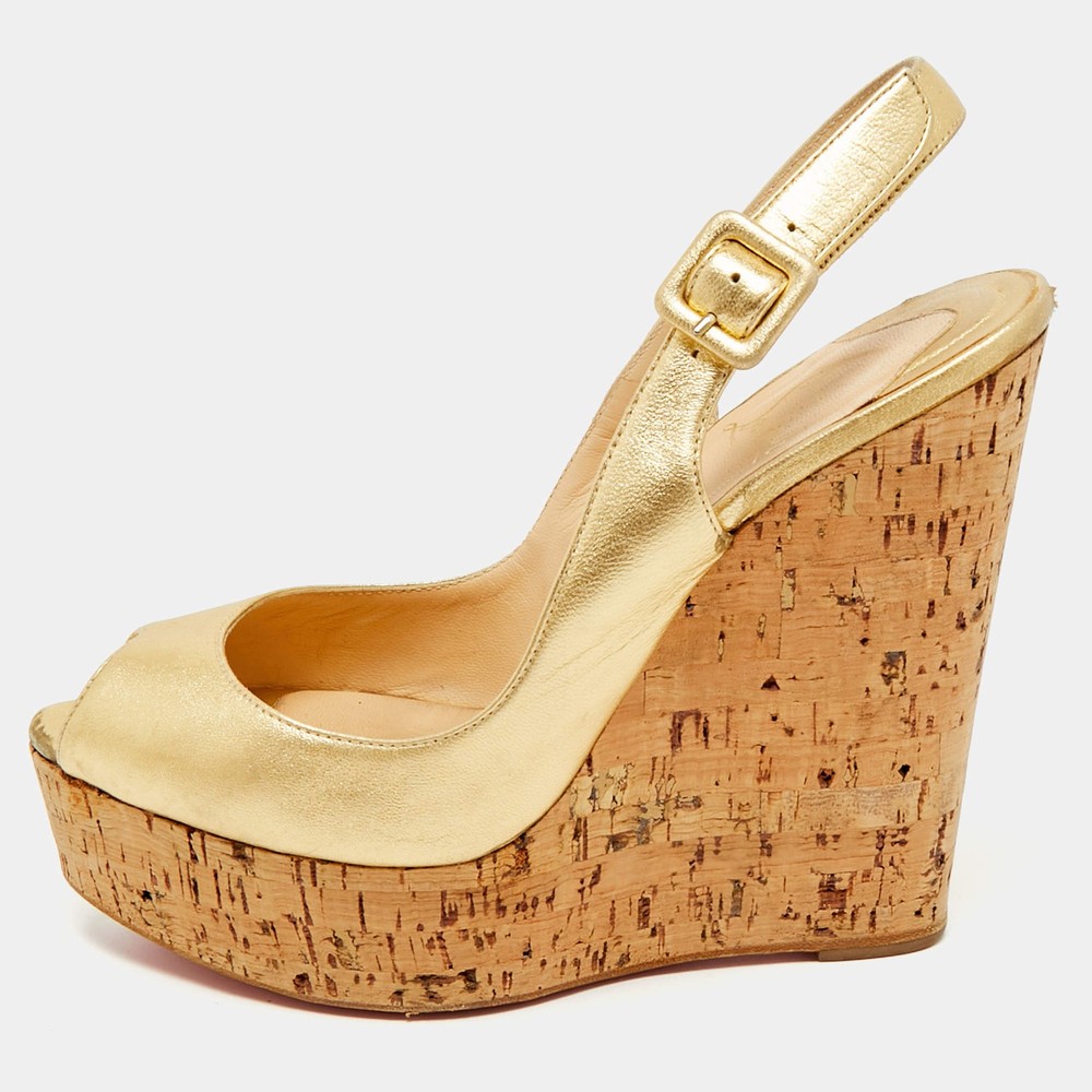 Christian Louboutin Une Plume Size 38 Gold Leather Wedge Sandals