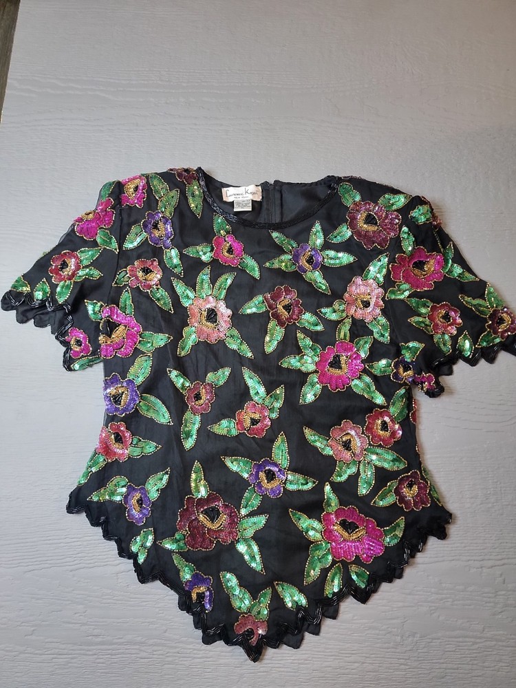 Laurence Kazar Women's Vintage Silk Beaded Sequin Blouse Size XL