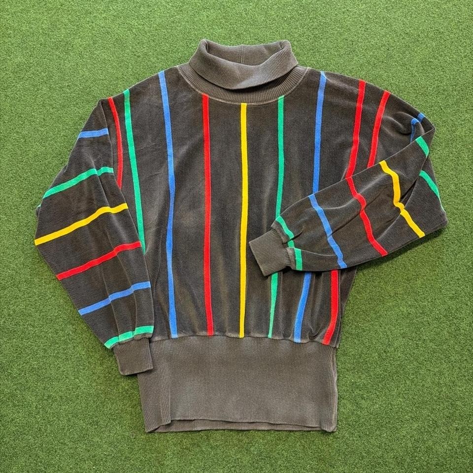 Vintage 1980s colorful striped mock neck sweater 80s Velour Sweatshirt