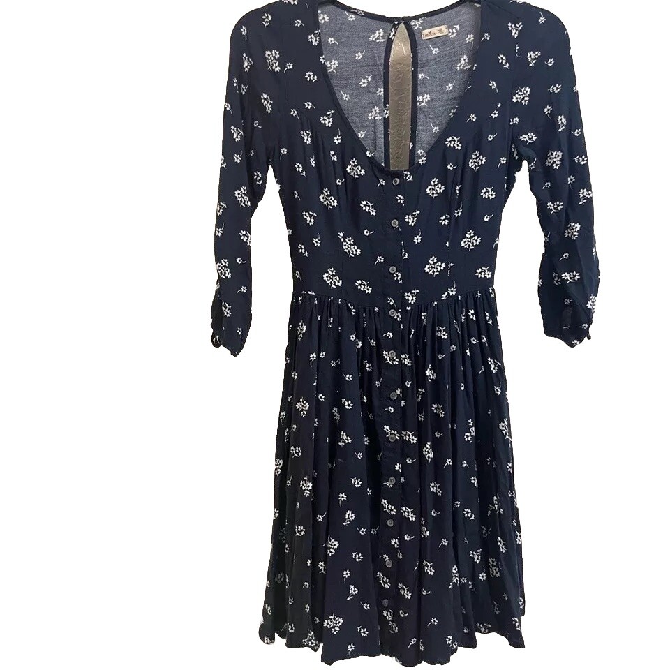 Hollister Dress Womens Sz XS 3/4 Sleeve Blue Floral Boho Festival Open Back Mini