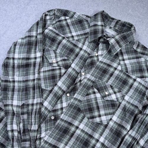 Wrangler Wrancher Shirt mens L Gray green plaid  Western pearl Snap Long Sleeve