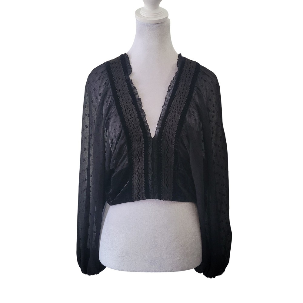 Zara Womens L Blouse Black Sheer Swiss Dot Velvet Lace Trim Cropped V-Neck Top