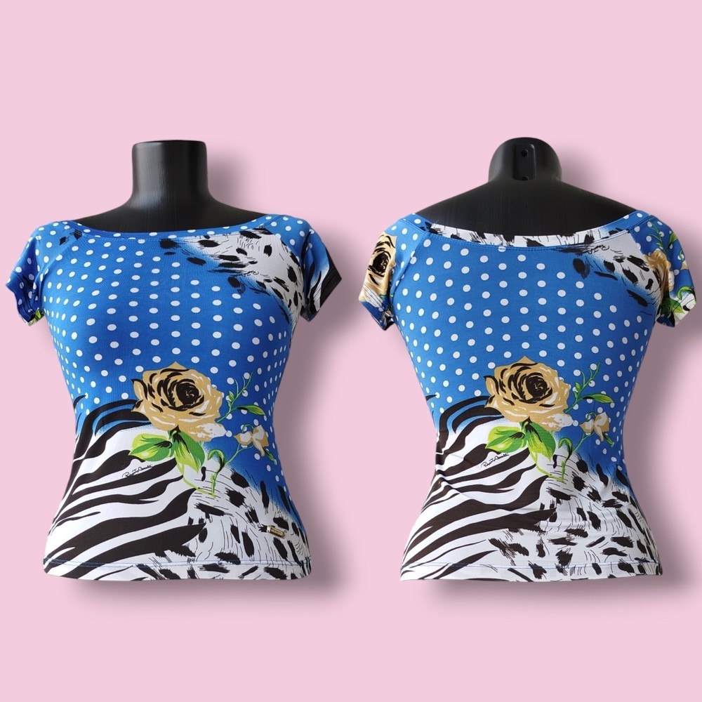 Roberto Cavalli Top Short Sleeve Jersey Polka Dot Animal Vintage 00s Size L