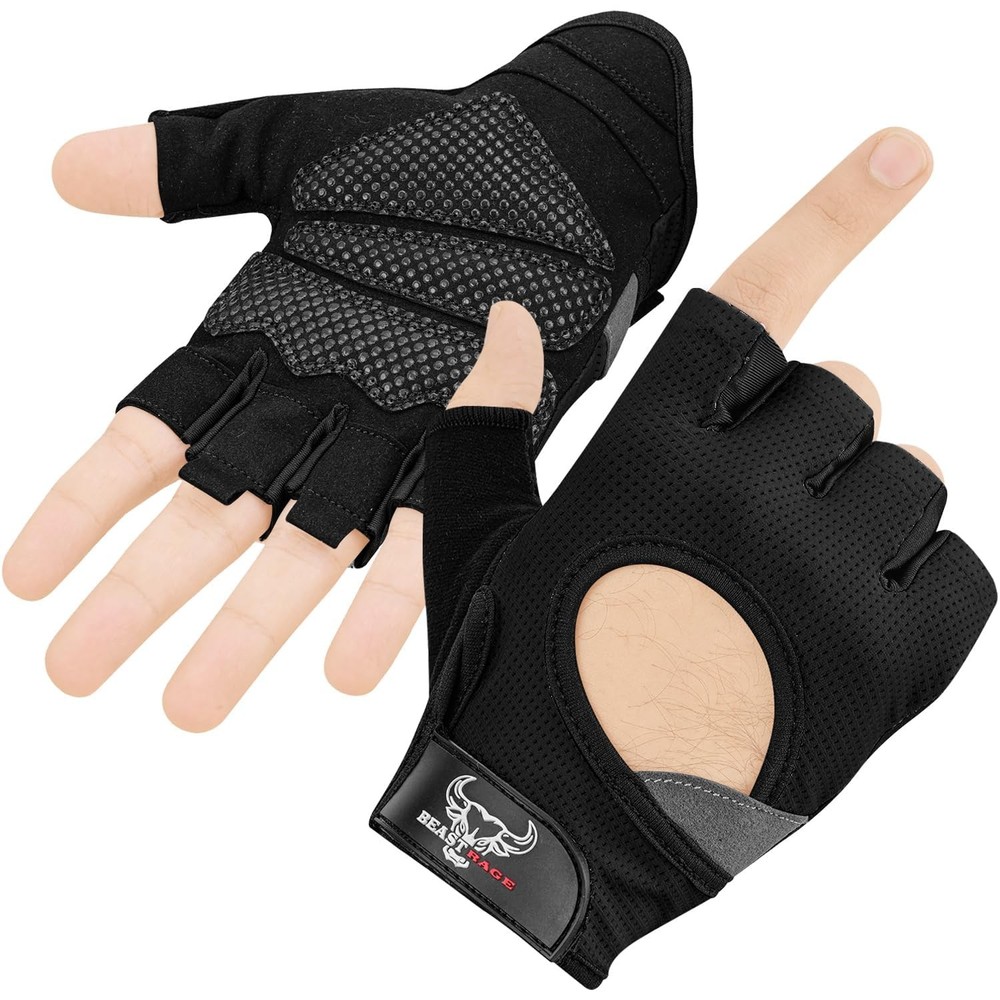 BEAST RAGE Fingerless Weight Lifting Gloves, Men/Women, Size S, Black