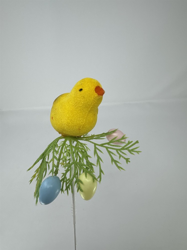 Vtg Easter Flocked Yellow Chick Floral Pick Greenery Spray Plastic Eggs 13