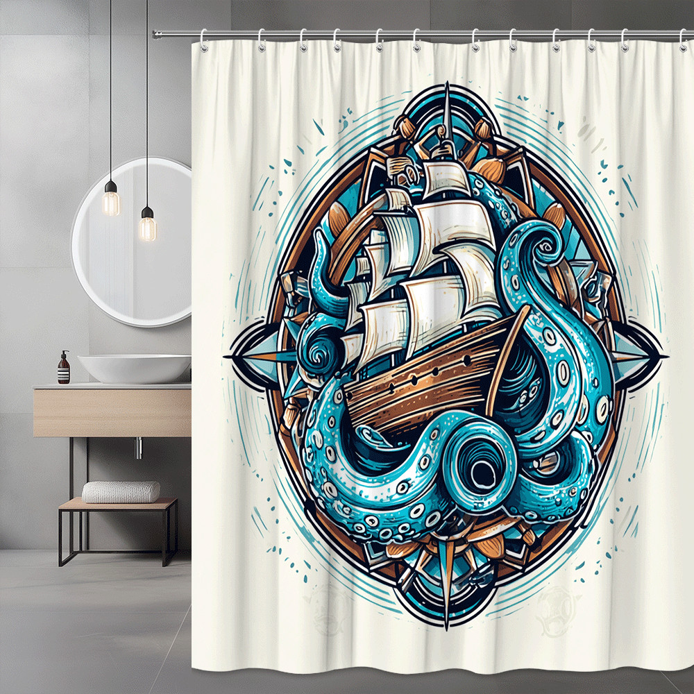 Nautical Octopus Ship Graphic Shower Curtain