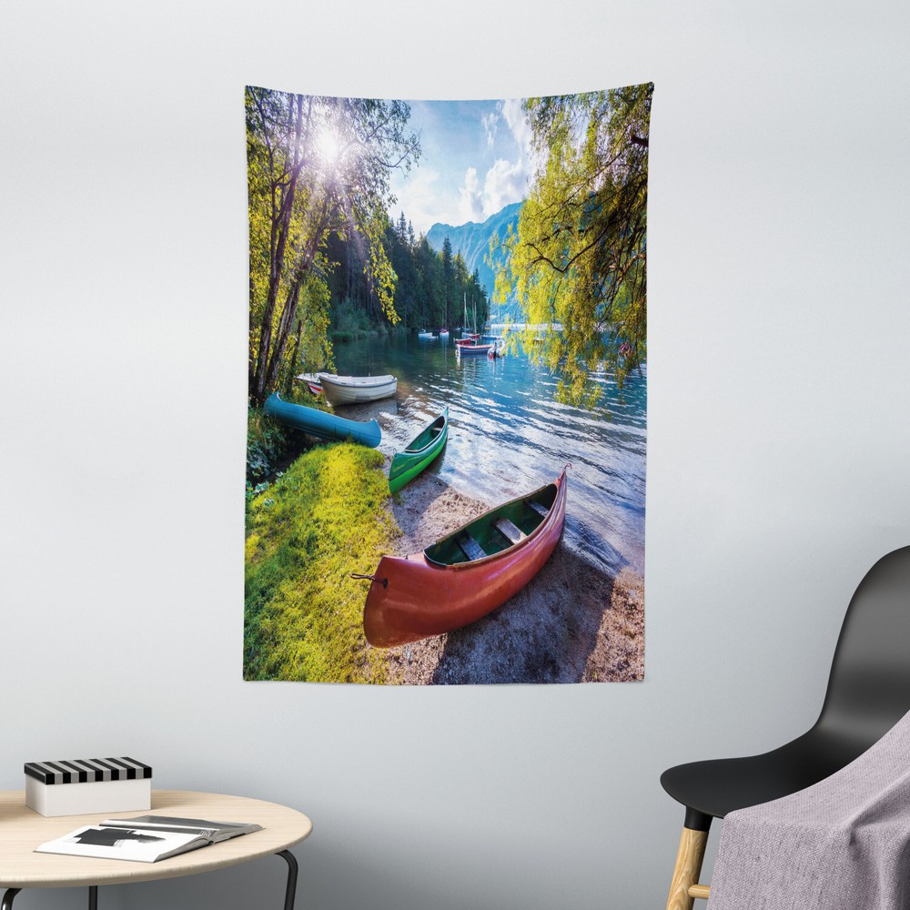 Scenery Tapestry Bohinj Lake with Boats Print Wall Hanging Decor