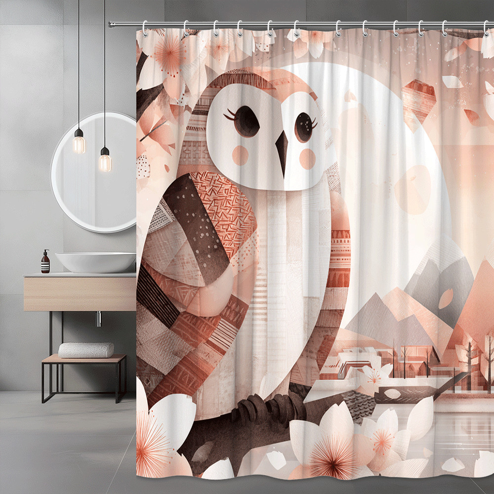 Owl Floral Shower Curtain Pink Beige Graphic Print