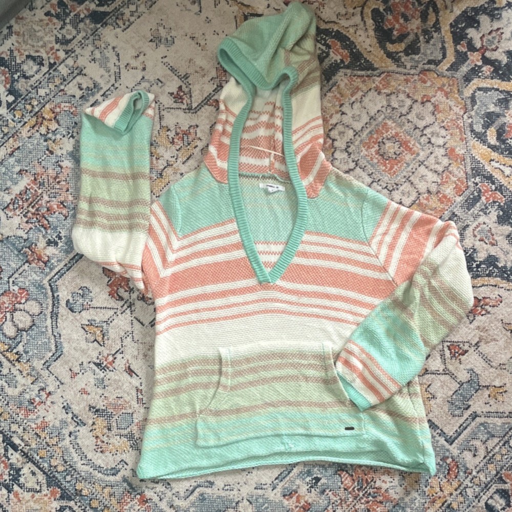 O'Neill Women's Striped Multicolor Knit Hooded V-Neck Pullover Sweater M
