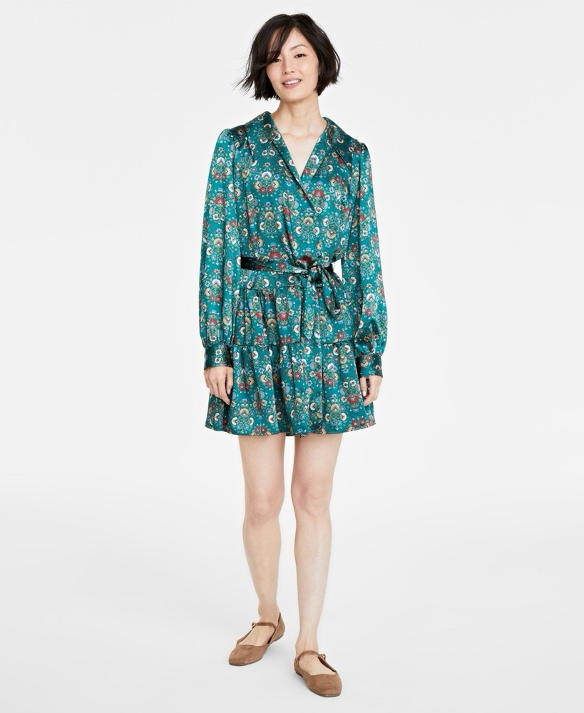 On-34 Women's Floral-print Satin Collared Wrap Dress  size s