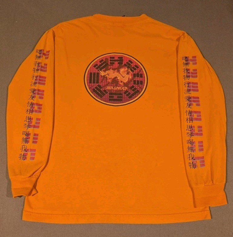 Vintage 90s Bullhead Dragon Graphic Long Sleeve Sz M Y2K Orange Skate Grunge