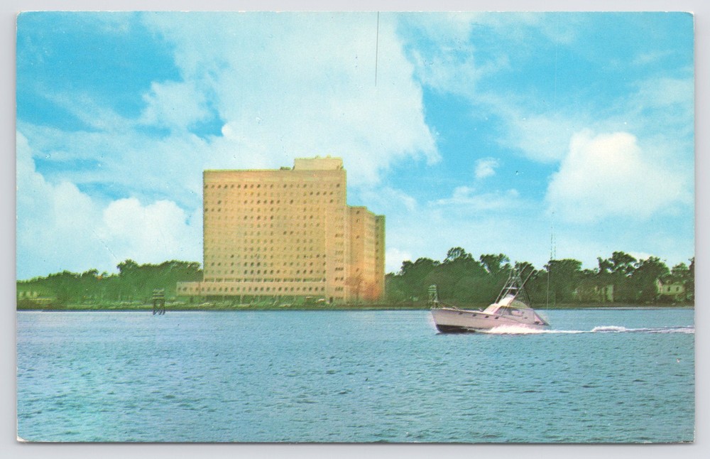 The New US Naval Hospital~Portsmouth Virginia~Boat On Water~Lusterchrome~PM 1961