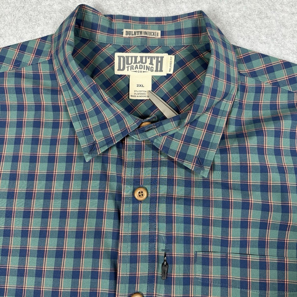 Duluth Trading Untucked Relaxed Fit Button Up Shirt 2XL Plaid Short Sleeve