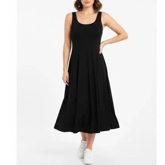 American Giant Black Sleeveless Fit Flare Midi Dress Size L Made in USA Pockets