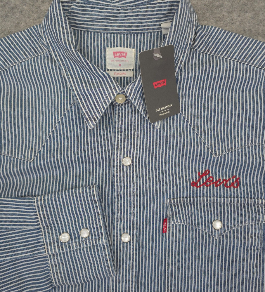 NEW Levis Shirt Mens Med Blue Denim Western Pearl Snap Hickory Stripe Cowboy NWT