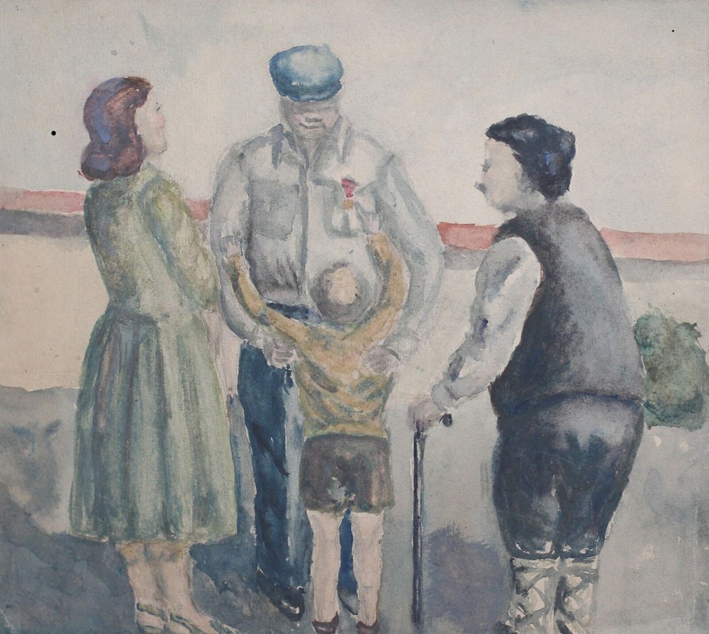 Antique impressionist watercolor painting figures portrait