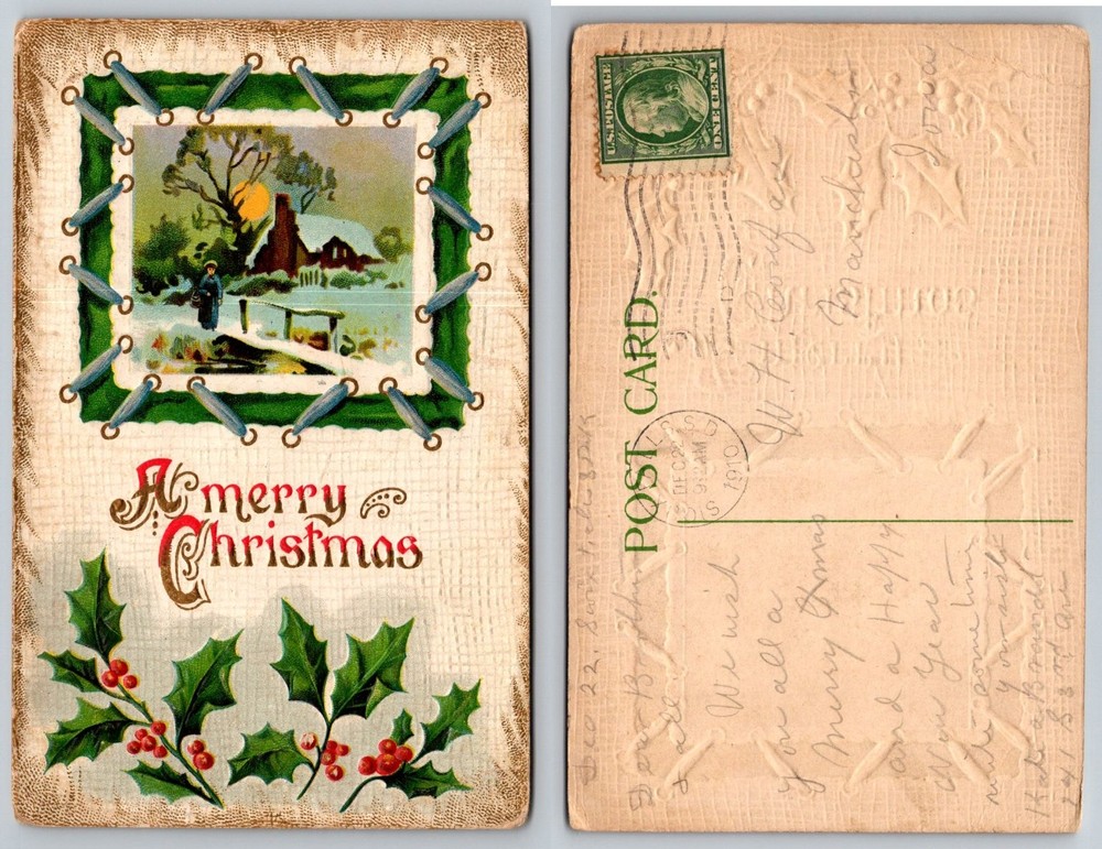 1910 Posted Christmas Postcard, Embossed Holly, Winter Cabin Scene, Iowa