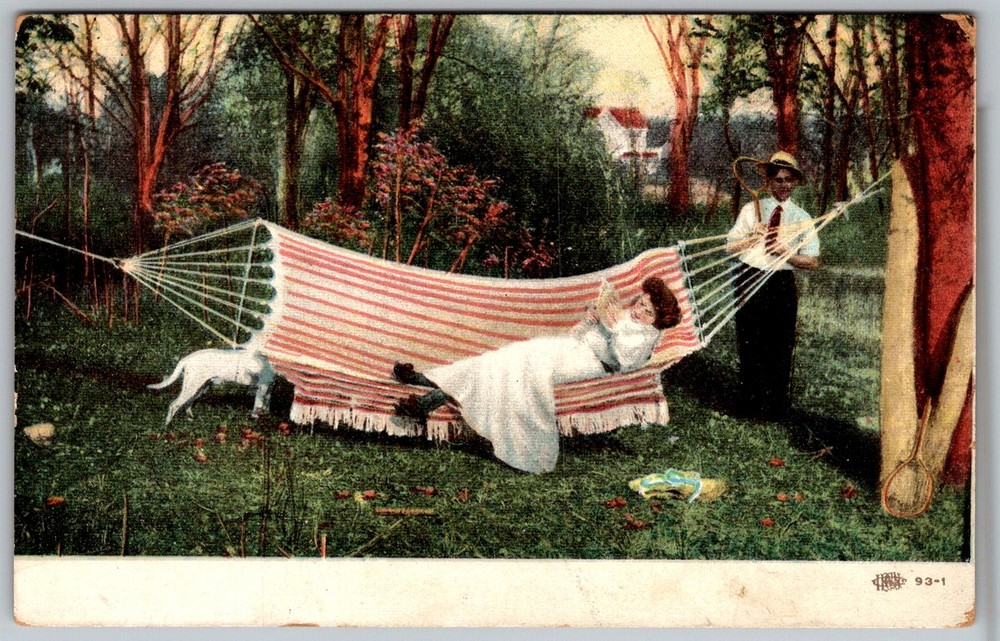 Antique Postcard Hammock Scene Woman Man Auburn, NY 1900s