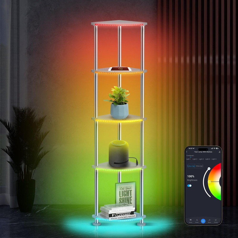 Floor Lamp with Shelves Corner Shelf with Lights Standing Lamp with Charging ...