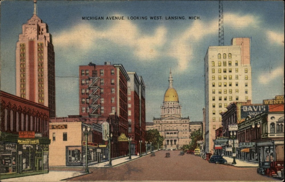 Michigan Lansing Michigan Avenue looking West dome ~ 1940s linen postcard
