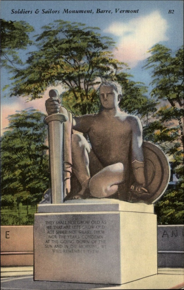 Soldiers & Sailors Monument ~ Barre Vermont VT ~ unused 1940s linen postcard