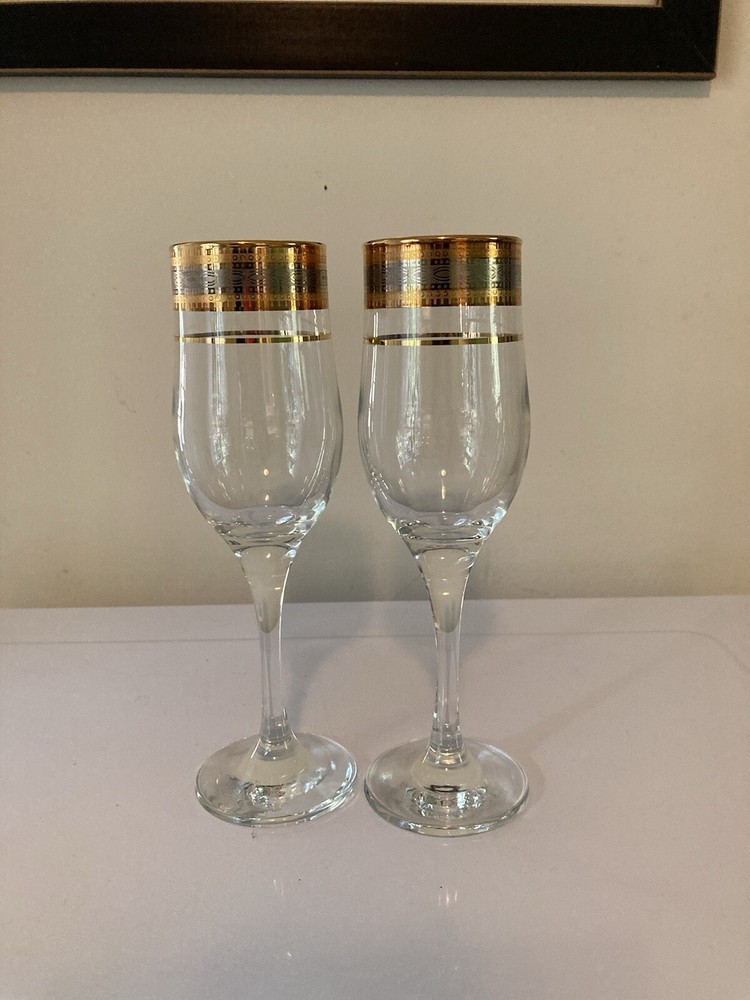 Vintage Cristellera Fratelli Fumo Champagne Flutes Gold Rim Set of 2 Italy